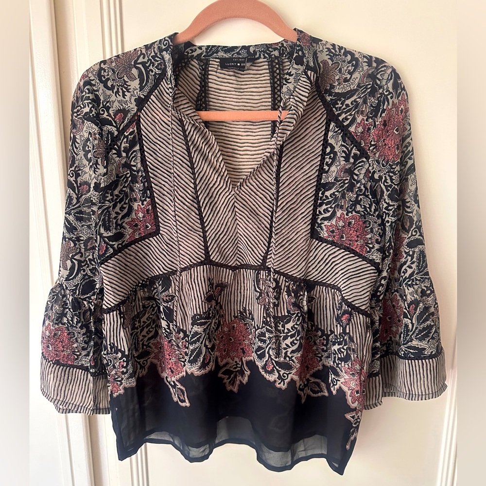 Lucky Brand Boho Floral Striped Peasant Top – Size S